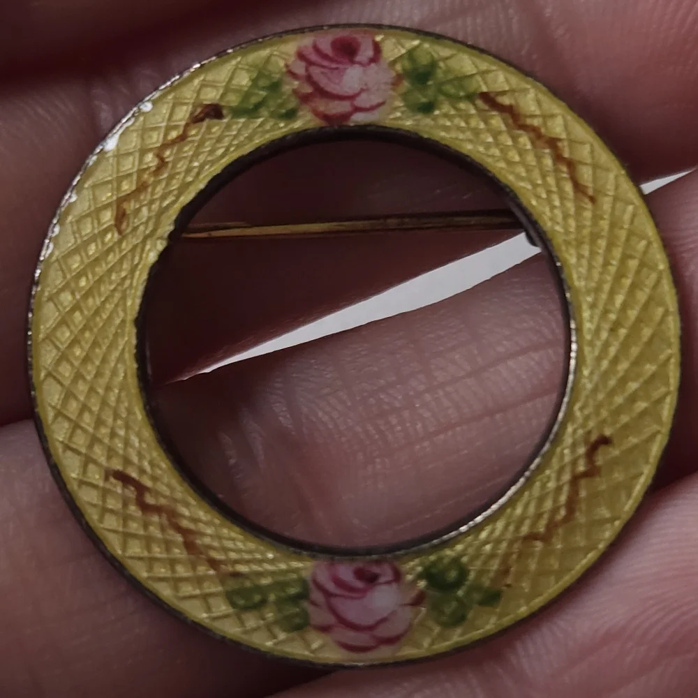 Vintage Guilloche Pink & Yellow FORGET ME NOT Rose Round Brooch